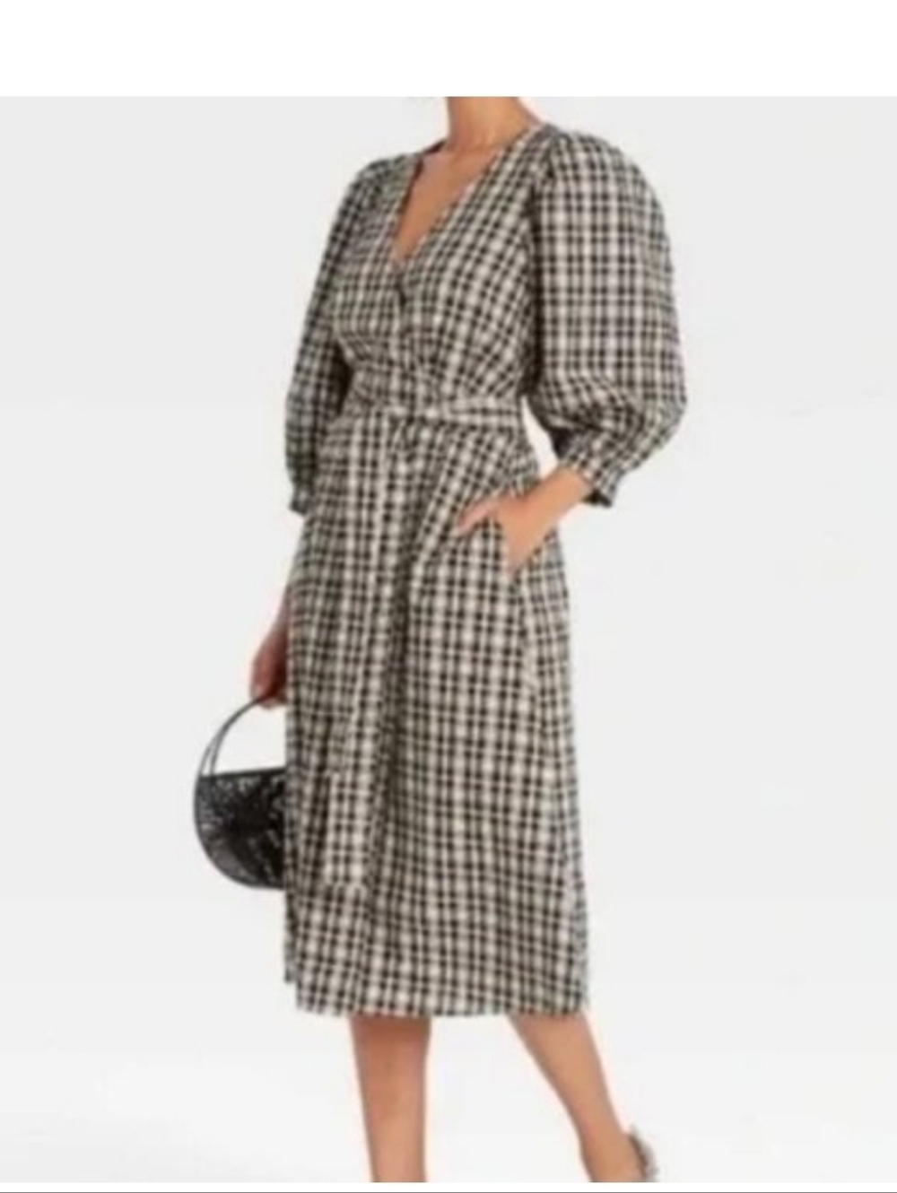 a new day Black and White Gingham Puff-Sleeve Midi Dress
